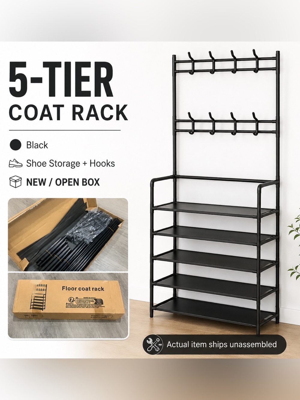 Black 5-Tier Floor Coat Rack Shoe Organizer w/ Hooks